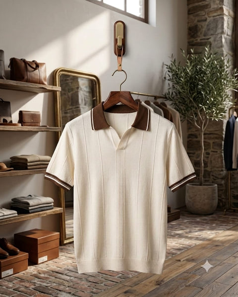 Men's Premium Textured Knit Polo T-Shirt with Contrast Collar