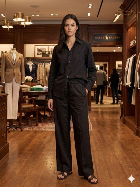 Elegant Women's Cotton Lenin Co-Ord Set |Black  Full Sleeve Shirt with Matching Pants