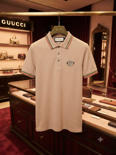 Men's Premium Beige Polo T-Shirt | Contrast Stripe Collar | Regular Fit