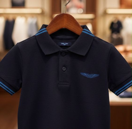 Kids Navy Blue Premium Polo T-Shirt with Contrast Stripe Collar & Sleeves
