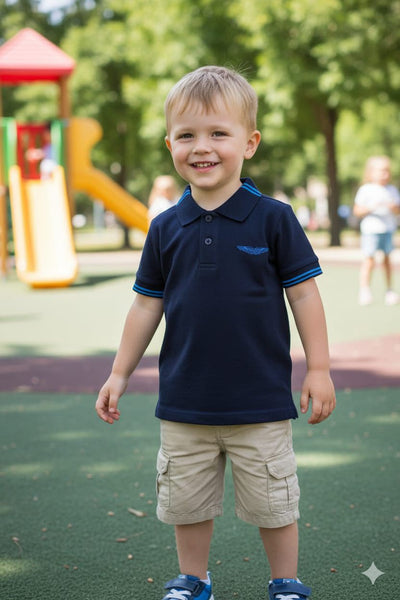 Kids Navy Blue Premium Polo T-Shirt with Contrast Stripe Collar & Sleeves
