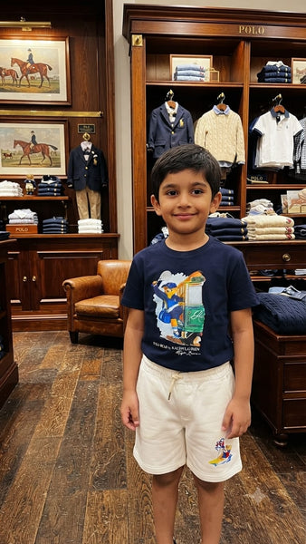 Kids Navy Blue Graphic Printed T-Shirt with White Shorts Co-ord Set