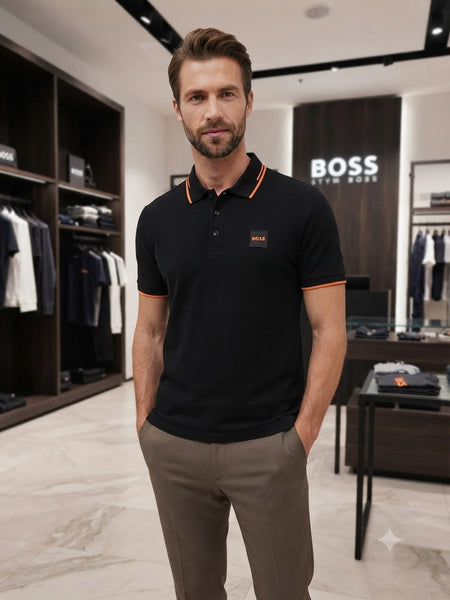 Men's Premium Black Polo T-Shirt with Orange Contrast Trim