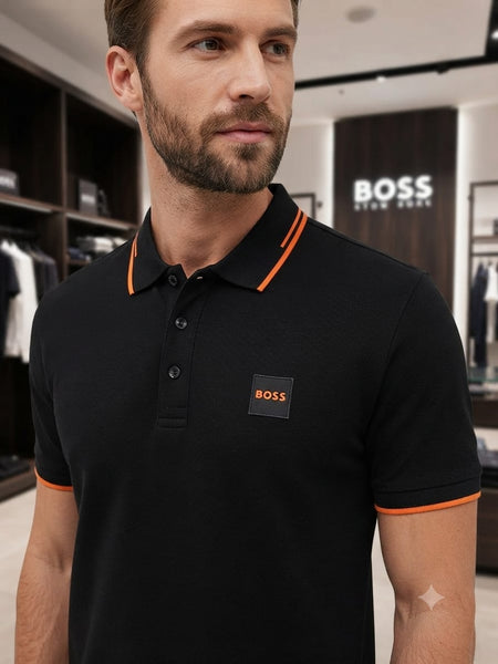 Men's Premium Black Polo T-Shirt with Orange Contrast Trim
