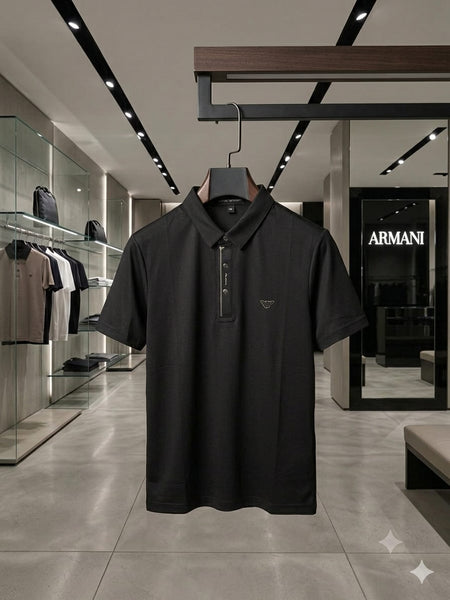 Men's Elegant Steel Blue Polo Neck T-Shirt Premium Knit Texture