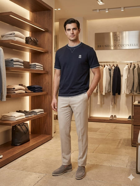 Men's Premium Navy Blue Contrast Trim Crew Neck T-Shirt | Half Sleeve Tee