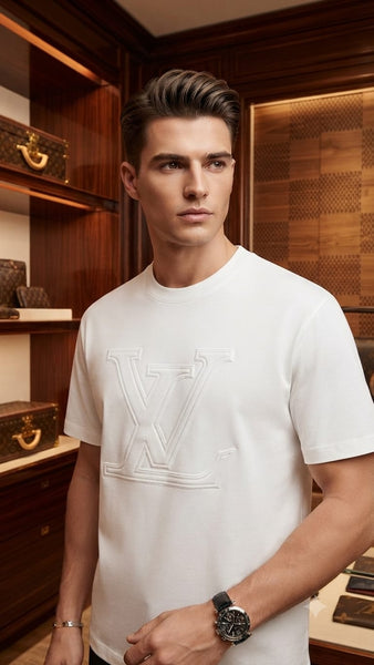 Premium Men's White Embossed Logo Crew Neck  T-Shirt – Luxury Casual Regular Fit