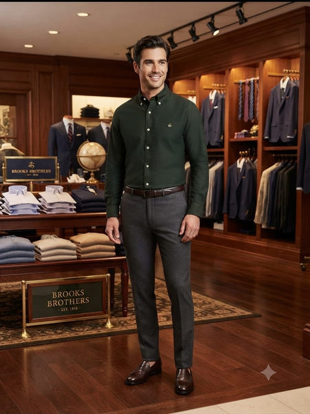 Premium Men's Dark Green Button-Down Shirt  Classic Regular Fit for Smart Casual Wear