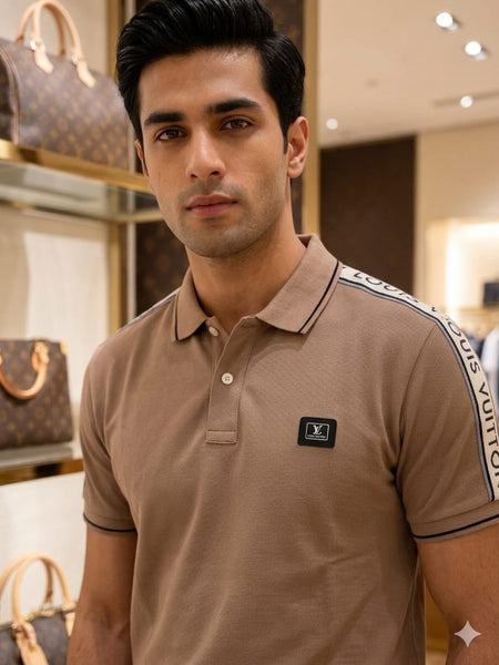 Premium Men's Taupe Contrast Tape Polo T-Shirt – Soft  Regular Fit Smart Casual Wear
