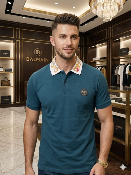 Premium Men's Teal Designer Polo T-Shirt With Embroidered Collar
