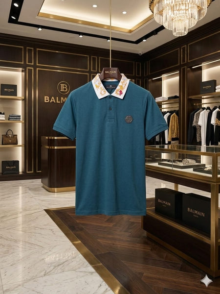 Premium Men's Teal Designer Polo T-Shirt With Embroidered Collar
