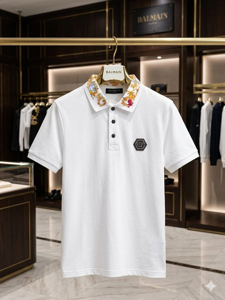 Premium Men's White Polo T-Shirt with Embroidered Collar Design