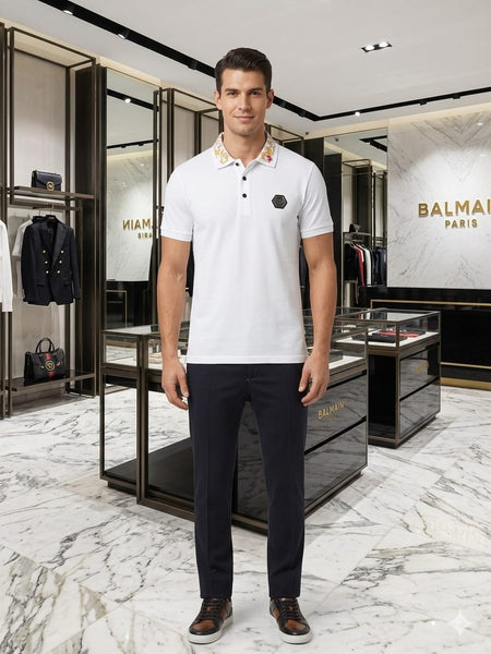 Premium Men's White Polo T-Shirt with Embroidered Collar Design