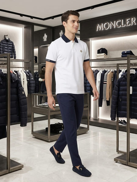 Men's Premium White Polo T-Shirt with Navy Contrast Collar