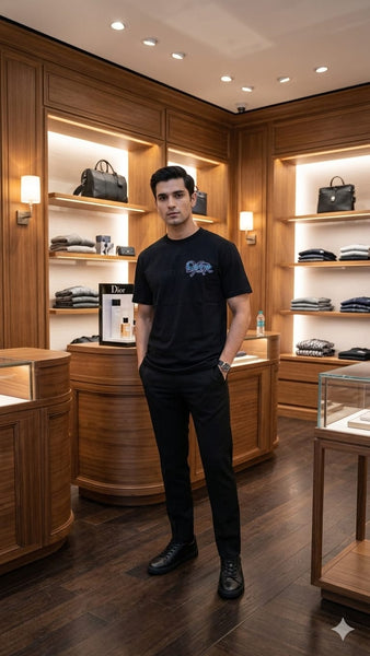 Imported Men's Premium Black Embroidered  Logo Crew Neck Oversized T-Shirt