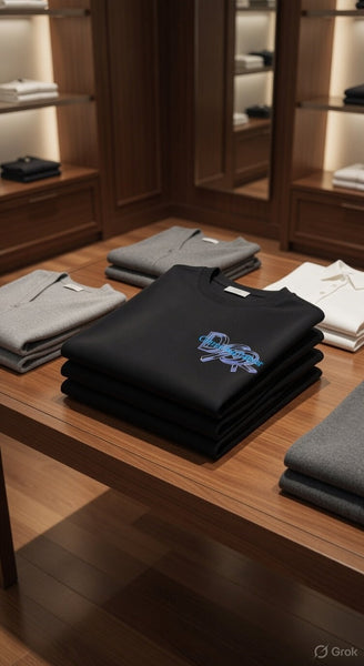 Imported Men's Premium Black Embroidered  Logo Crew Neck Oversized T-Shirt
