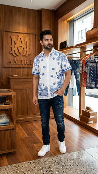Premium Men's White & Blue Paisley Print Half Sleeve Shirt Stylish Casual Button-Down Shirt