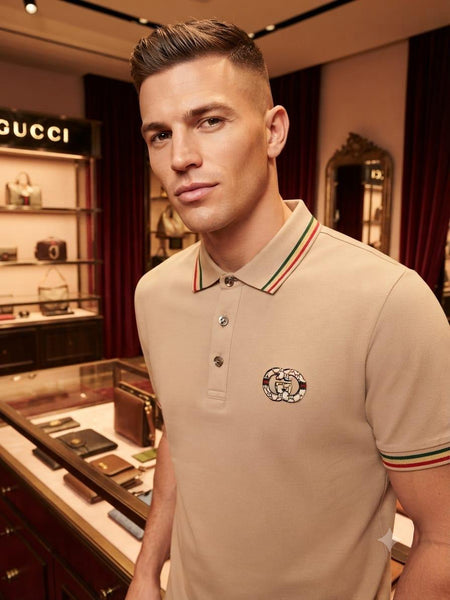 Men’s Premium Beige Polo T-Shirt with Signature Logo & Striped Collar