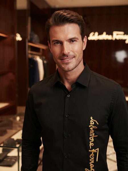 Men’s Black Full-Sleeve Shirt with Stylish Golden Embroidered Logo