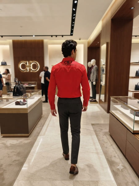 Premium Men’s Red Casual Shirt with Brand Signature  Embroidery