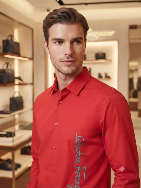 Premium Men’s Red Casual Shirt with Brand Signature  Embroidery