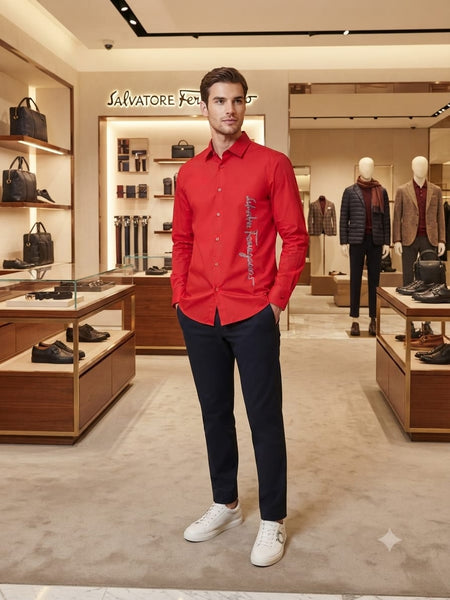 Premium Men’s Red Casual Shirt with Brand Signature  Embroidery