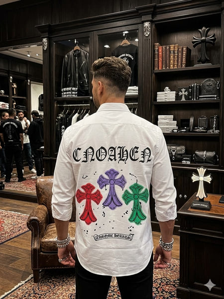 Men's Premium White Embroidered Button-Down Shirt with Gothic Cross Design