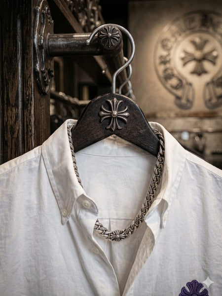 Men's Premium White Embroidered Button-Down Shirt with Gothic Cross Design