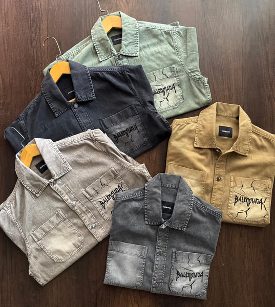 Luxury Balenciaga Vintage-Wash Denim Shirt with Logo Pocket Detail