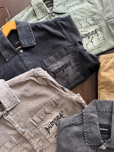 Luxury Balenciaga Vintage-Wash Denim Shirt with Logo Pocket Detail