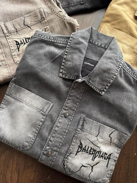 Luxury Balenciaga Vintage-Wash Denim Shirt with Logo Pocket Detail