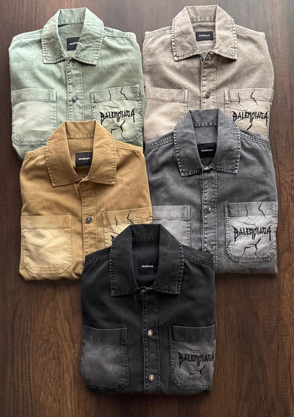 Luxury Balenciaga Vintage-Wash Denim Shirt with Logo Pocket Detail