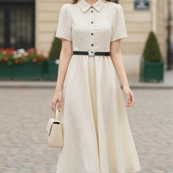 Elegant Collared Short Sleeve Fit & Flare Midi Dress with Waist Belt