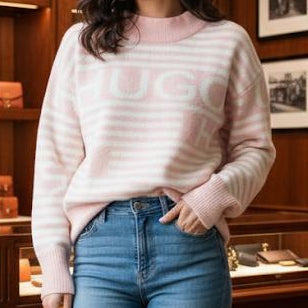 Cozy Elegance  Pink & White Striped Knit Sweater
