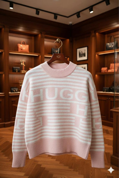 Cozy Elegance  Pink & White Striped Knit Sweater