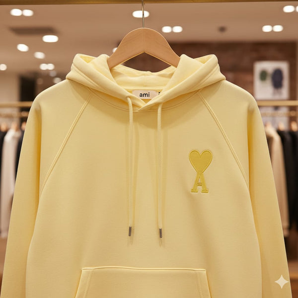 Men Pastel Yellow Pullover Hoodie with Chest Logo Detail