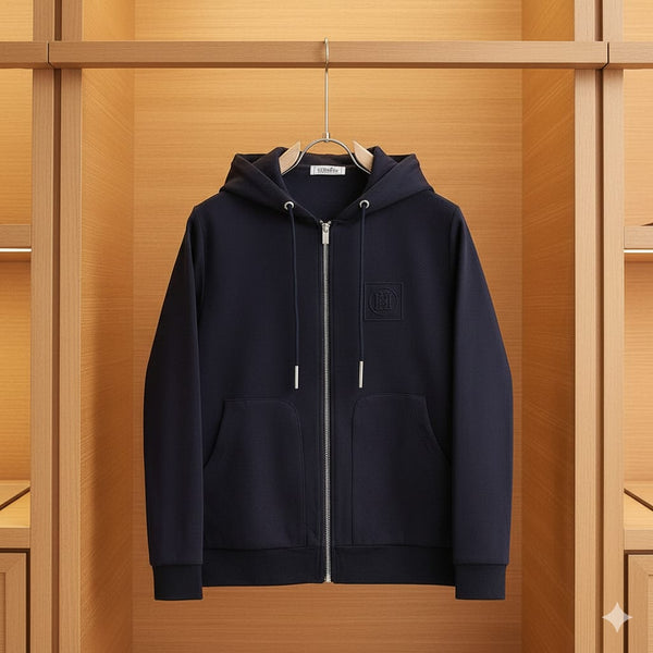 Premium Navy Blue Zip-Up Hoodie with Modern Minimal Design