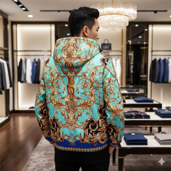 Premium Baroque Printed Blue Golden Zip Up  Hoodie Jacket