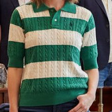 Green and Ivory Cable-Knit Striped Polo Classic Casual Eleganc