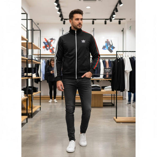 Men Black Athletic Track Jacket – Multi-Stripe Sleeve Design