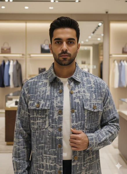 Luxury Textured Blue Long Sleeve Shirt for Men