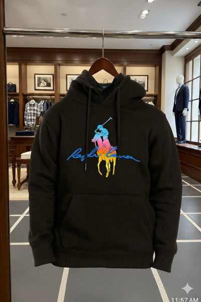 Kids Black Hoodie with Multicolor Polo Rider Print  Stylish & Comfortable