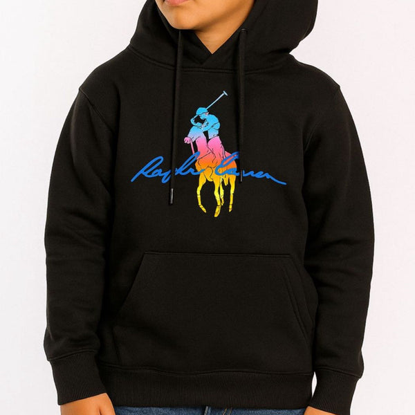 Kids Black Hoodie with Multicolor Polo Rider Print  Stylish & Comfortable