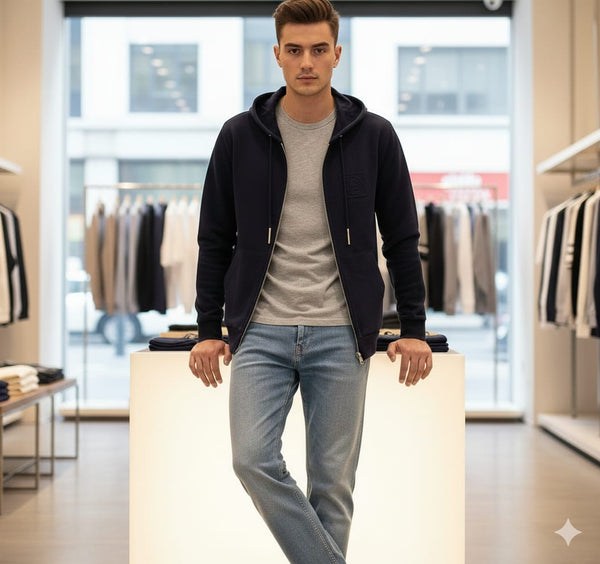 Premium Navy Blue Zip-Up Hoodie with Modern Minimal Design