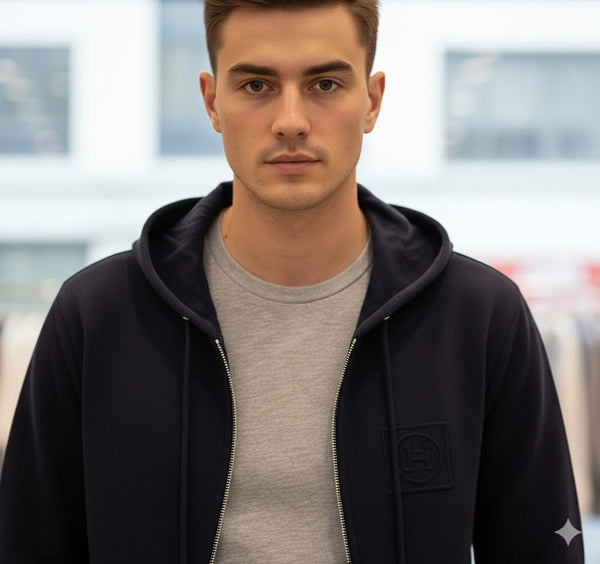 Premium Navy Blue Zip-Up Hoodie with Modern Minimal Design
