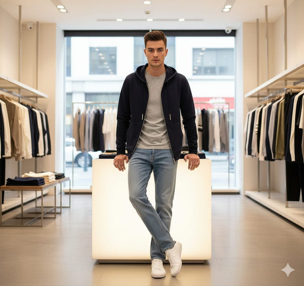 Premium Navy Blue Zip-Up Hoodie with Modern Minimal Design