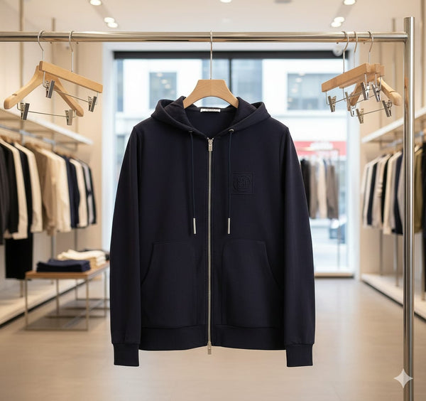 Premium Navy Blue Zip-Up Hoodie with Modern Minimal Design