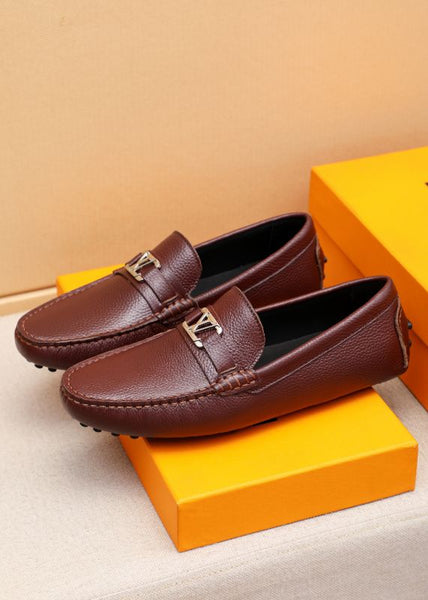 Men’s Brown Leather Slip-On Loafers with Metal Logo Premium Classic Style