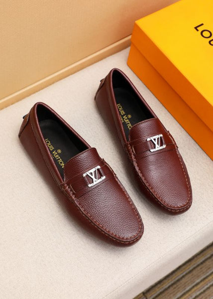 Men’s Brown Leather Slip-On Loafers with Metal Logo Premium Classic Style