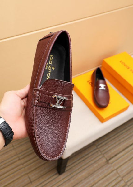 Men’s Brown Leather Slip-On Loafers with Metal Logo Premium Classic Style